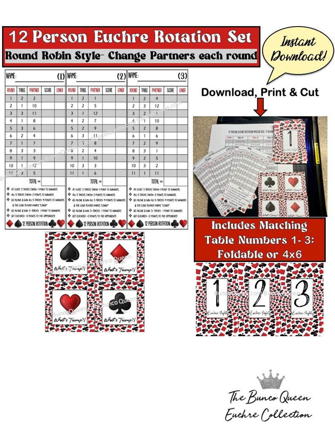 12 Person Euchre Tally Card SET Round Robin Progressive Tournament 