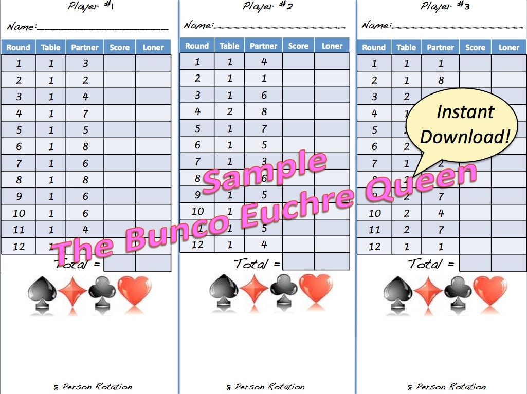 8 Person Euchre Rotation Printable Score By TheBuncoEuchreQueen