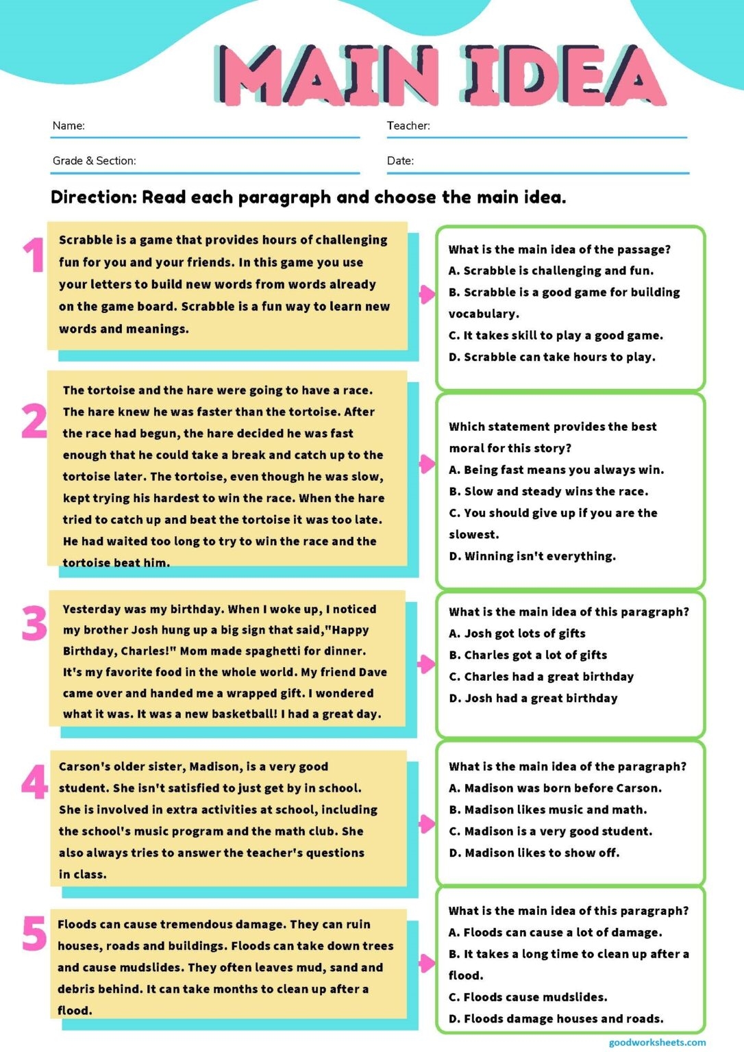 Main Idea Multiple Choice Worksheets Pdf Printable Worksheets
