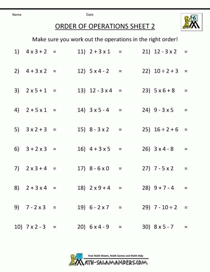 order of operations worksheet with answers