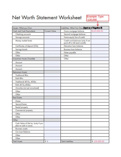 10 Net Worth Statement Templates In PDF XLS Worksheets Library