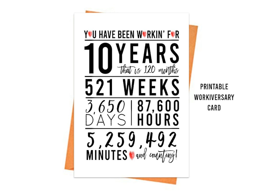 10th Work Anniversary Card PRINTABLE Anniversary Card 10th