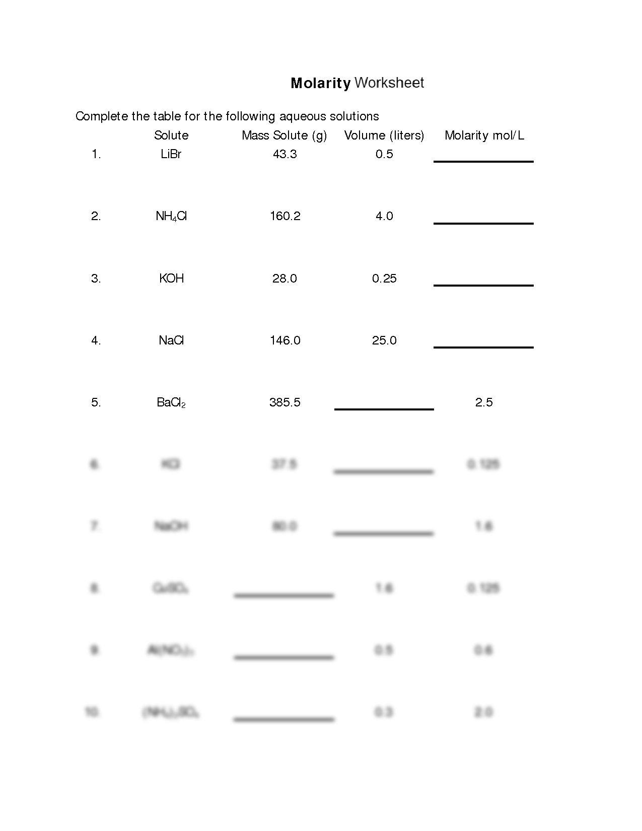 11 5 Molarity Science Chemistry Molarity ShowMe Worksheets 