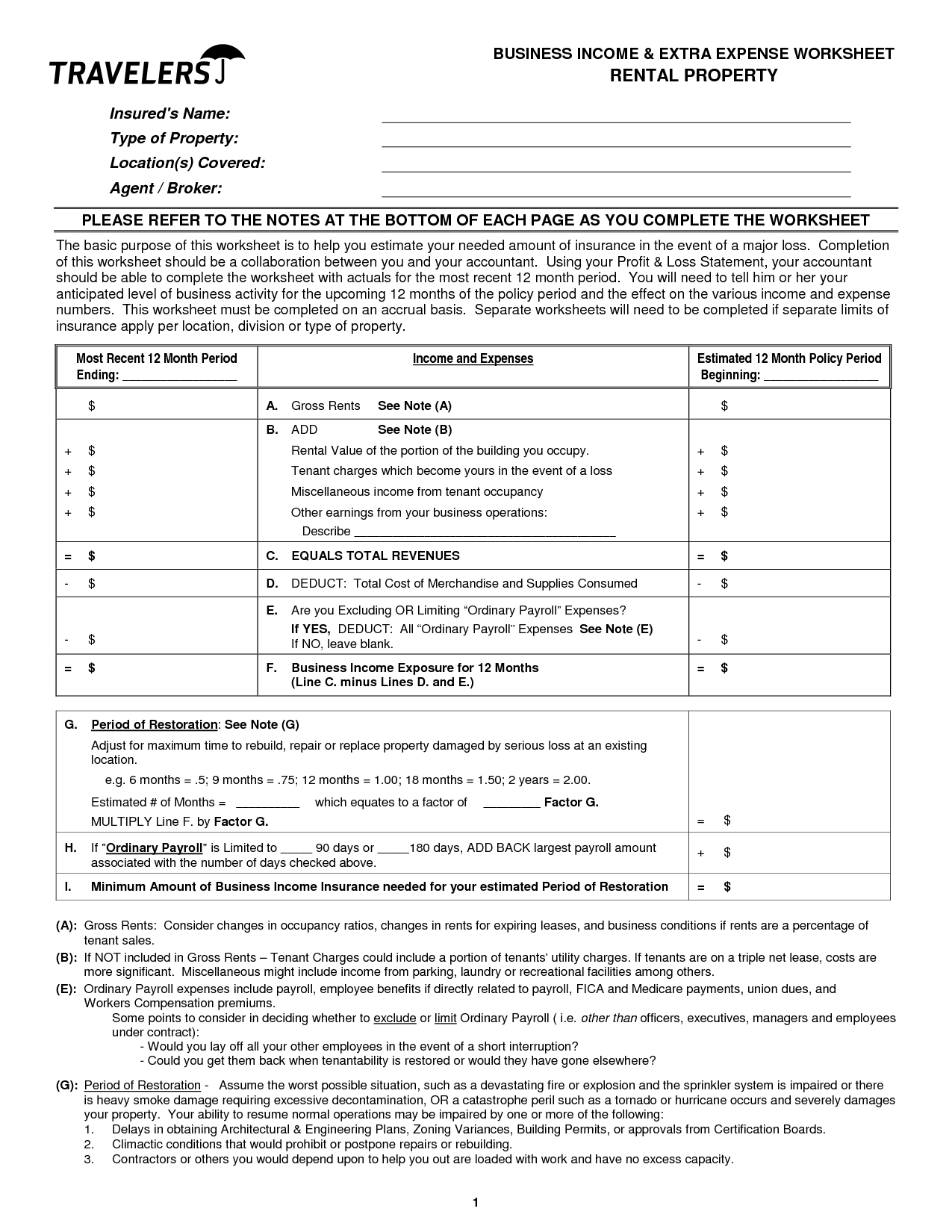 profit and loss statement worksheet