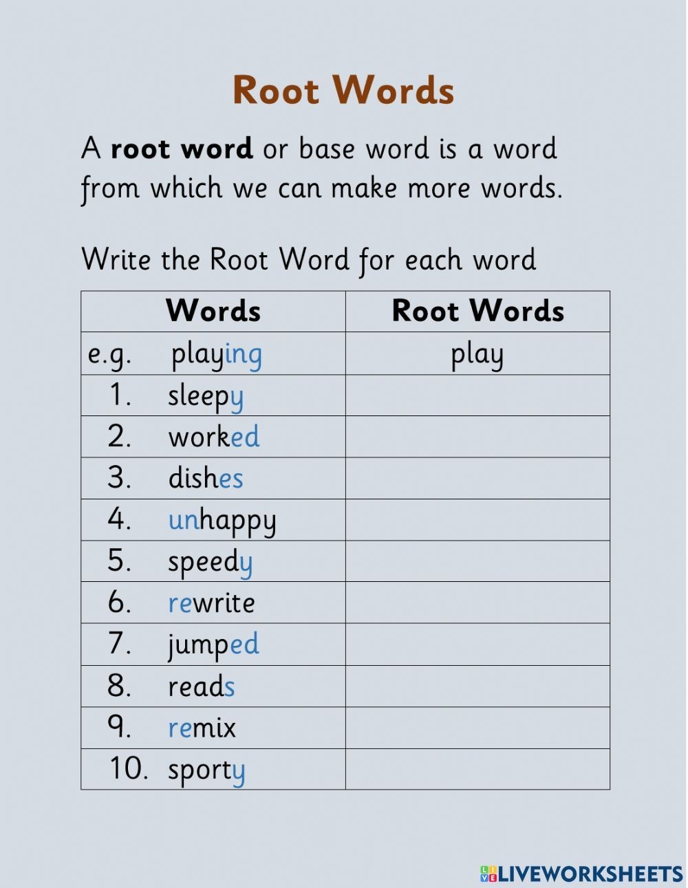 1st Grade Root Words Exercise