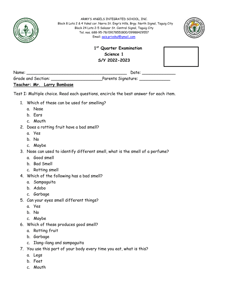 1st quarter test SCIENCE 1