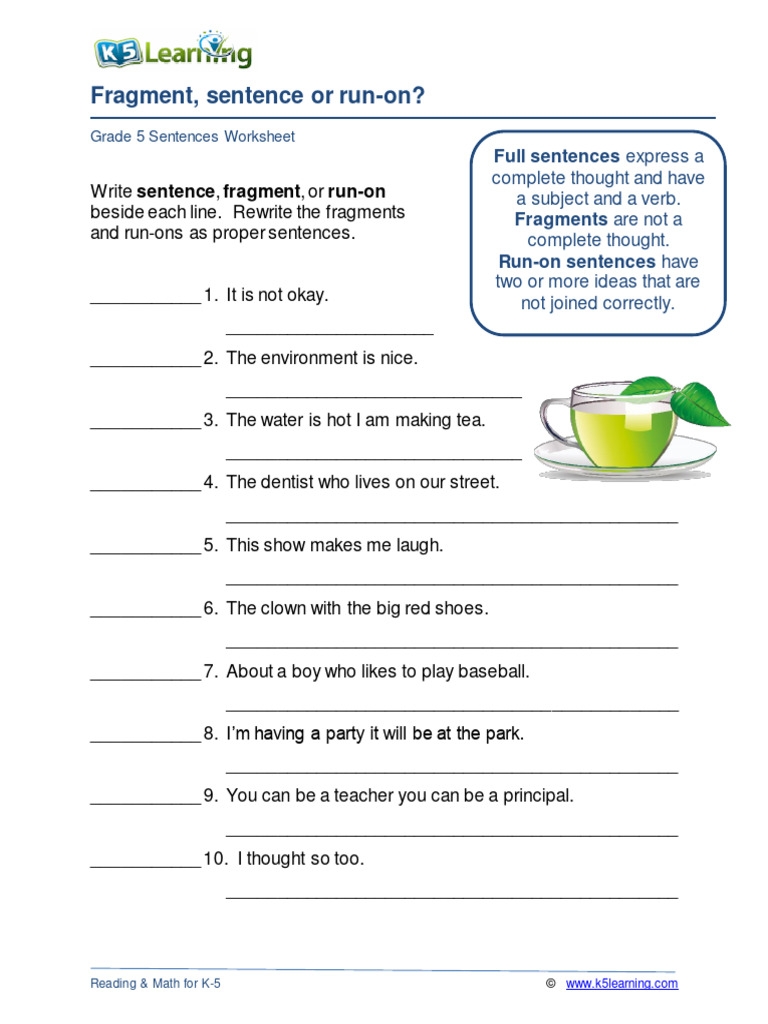2 Grade 5 Fragment Run On Sentence B PDF Semantics Worksheets 