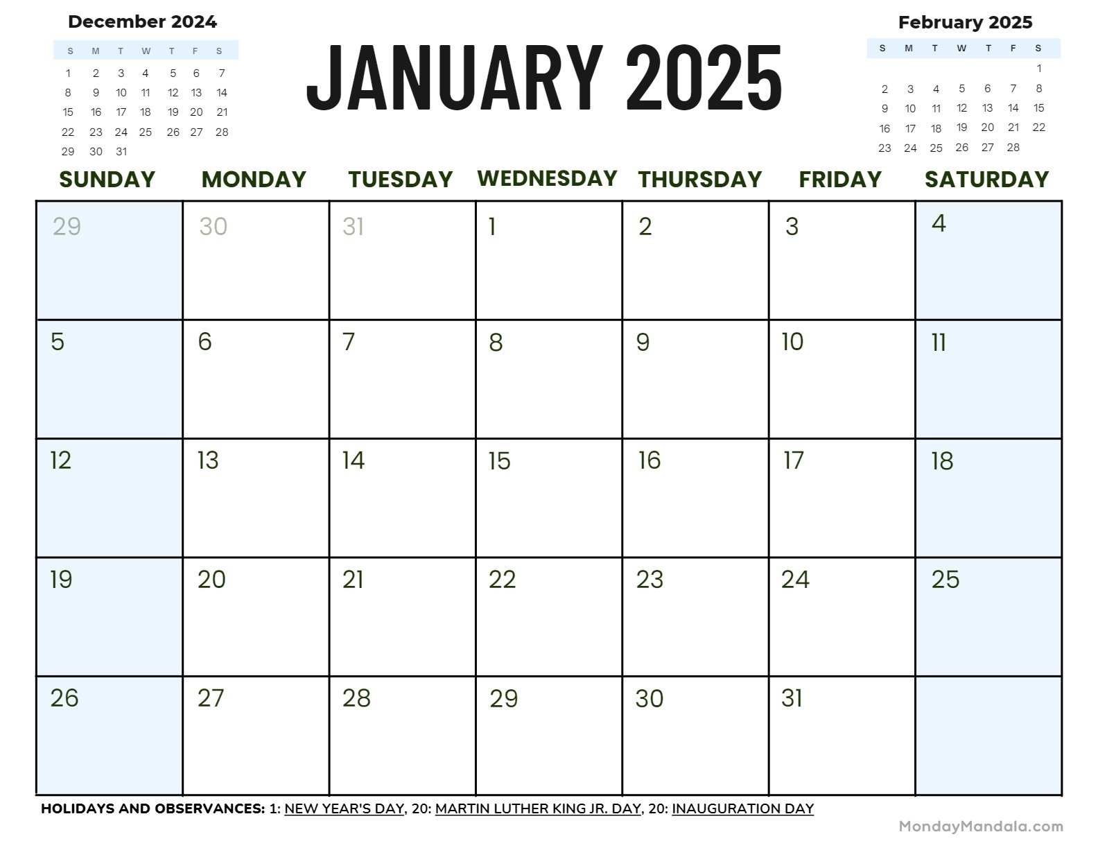 2025 Monthly Printable Calendar With Holidays Printable Free Emmye 