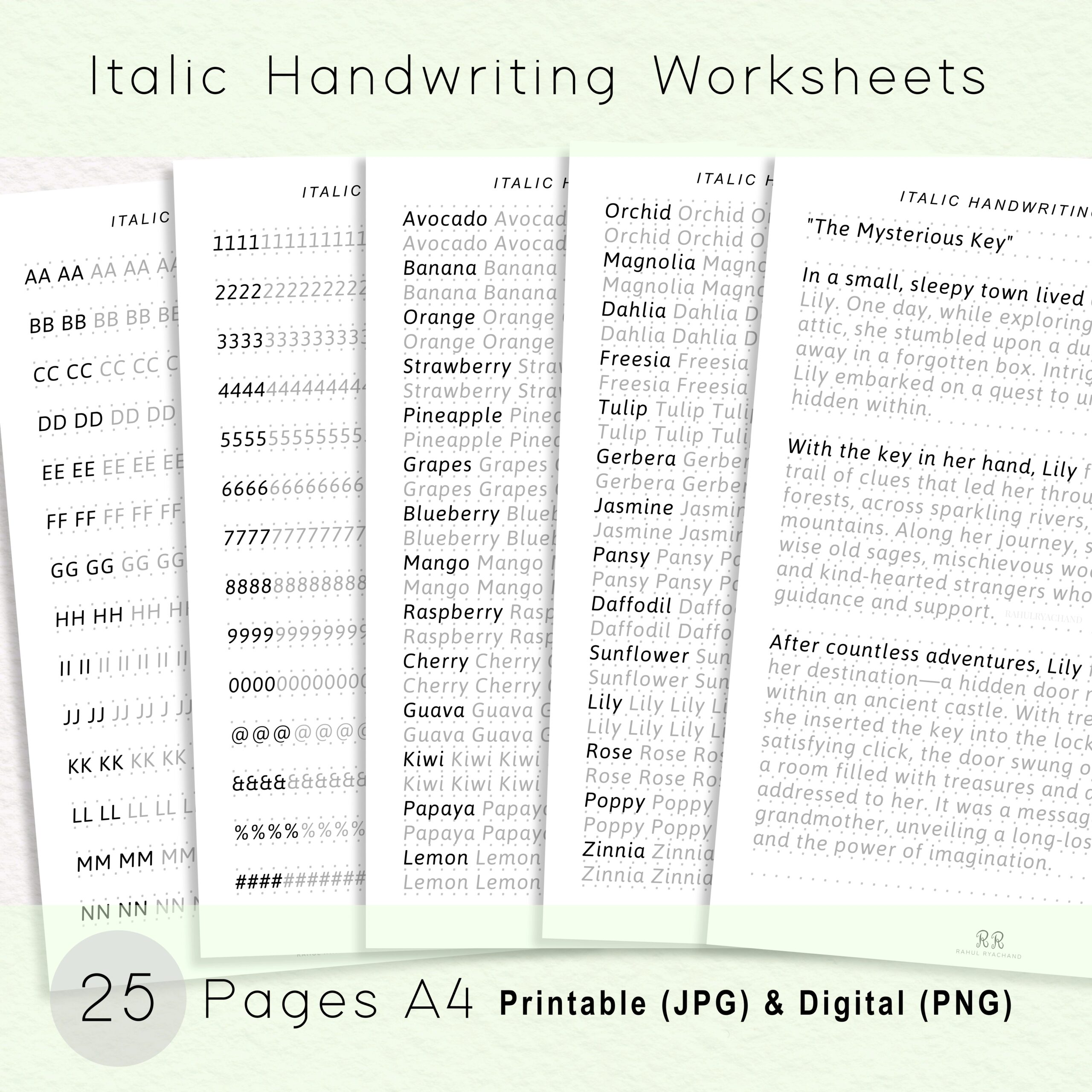 25 Pages Italic Handwriting Worksheet Practice ABC Tracing 