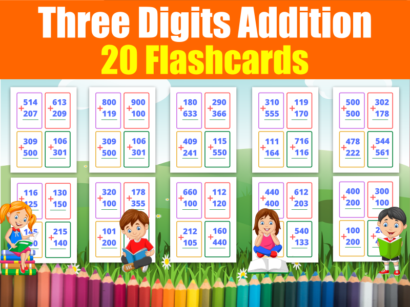 3 digit addition printable flash cards