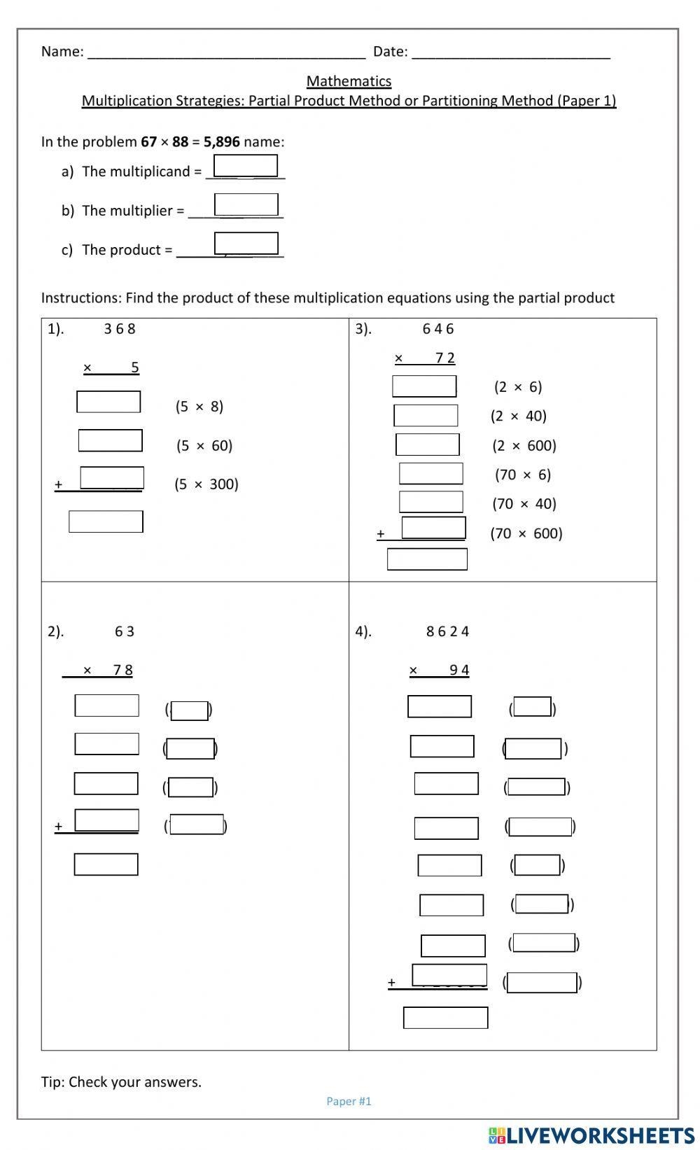 partial product multiplication worksheet