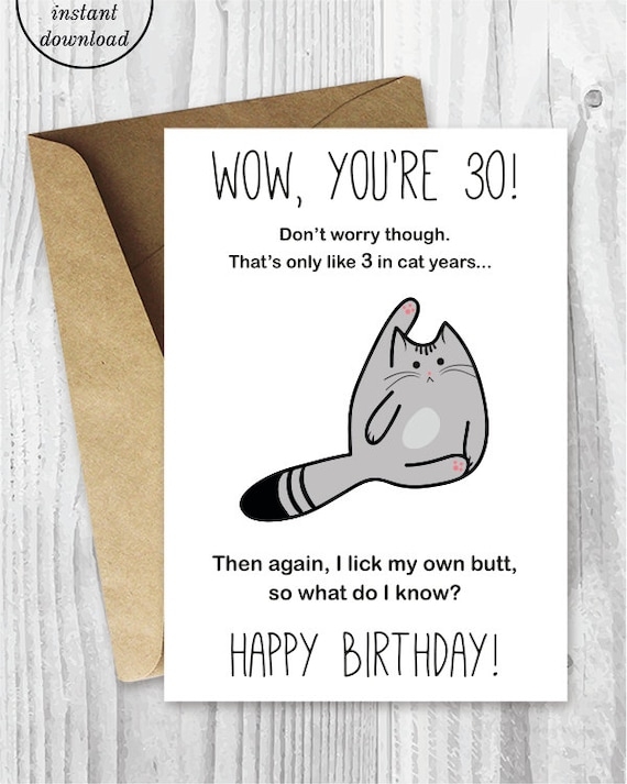 30th Birthday Card Printable Birthday Card Funny Cat Etsy