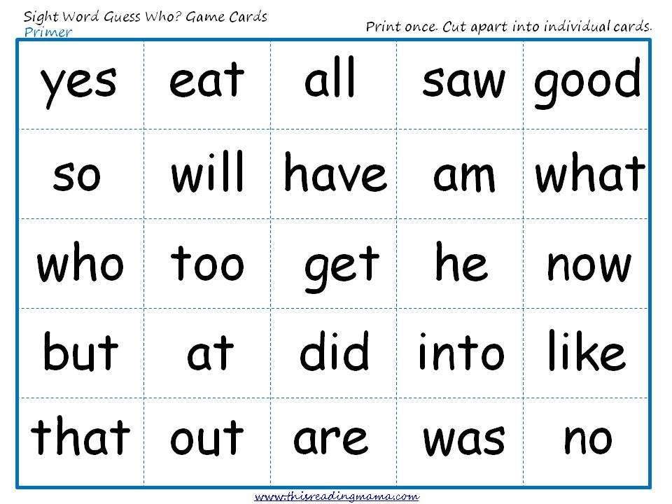 4 year old word cards printable