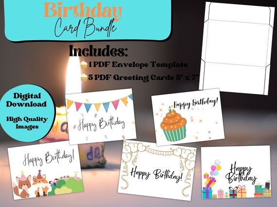 5 Printable Birthday Cards Bundle With Envelope Template 5x7