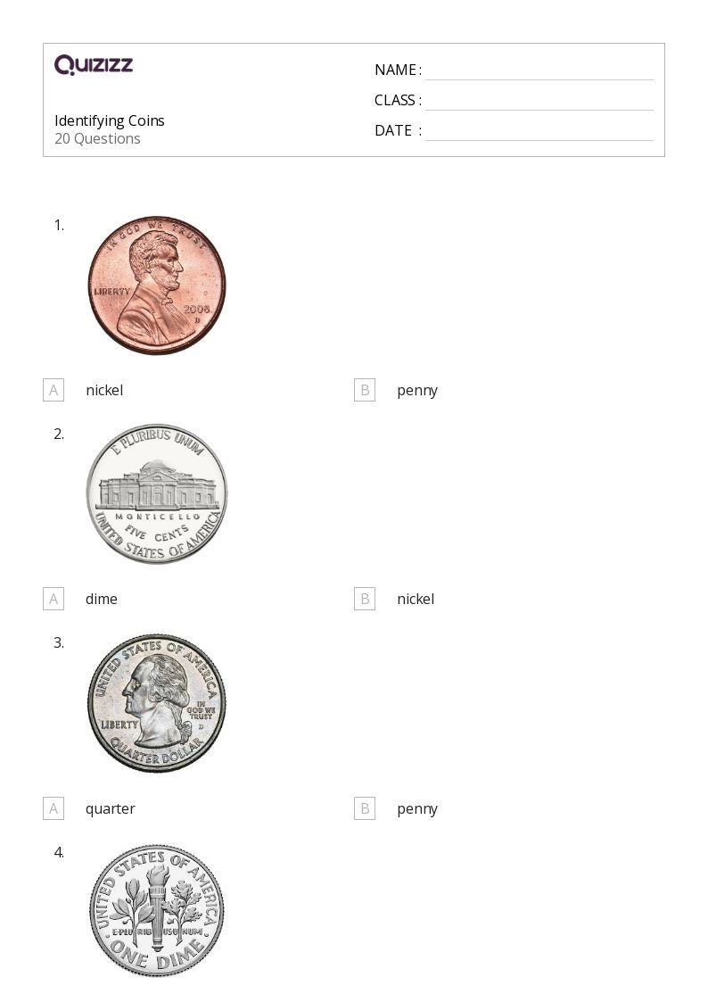 50 Identifying Coins Worksheets For 2nd Grade On Quizizz Free 