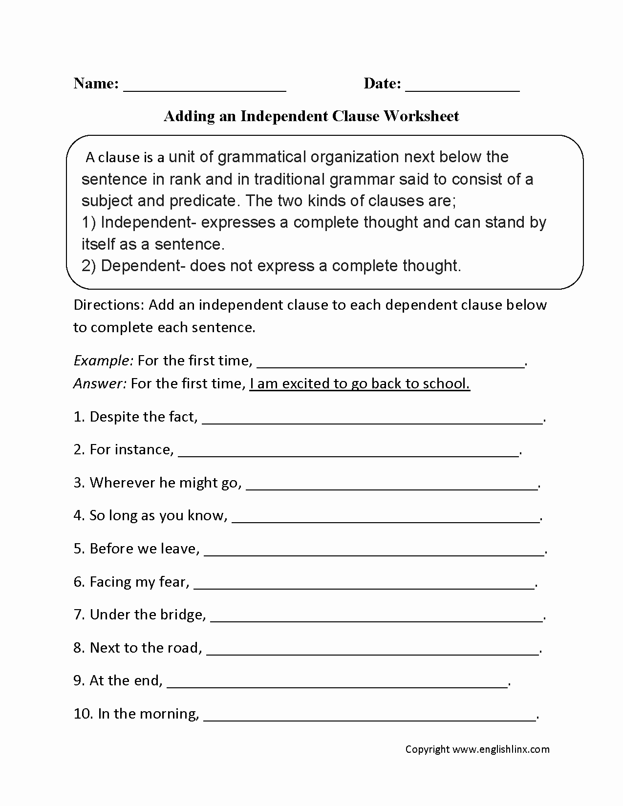 independent dependent clauses worksheet