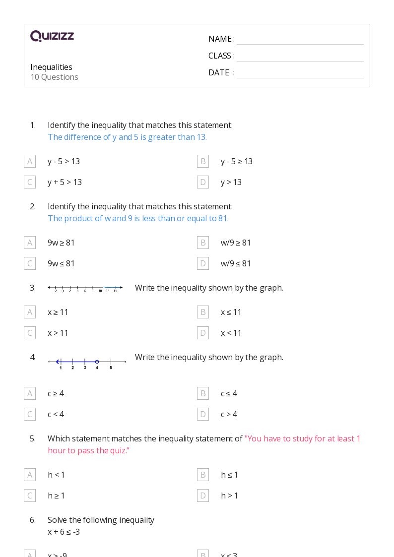 50 Inequalities Worksheets For 8th Class On Quizizz Free 