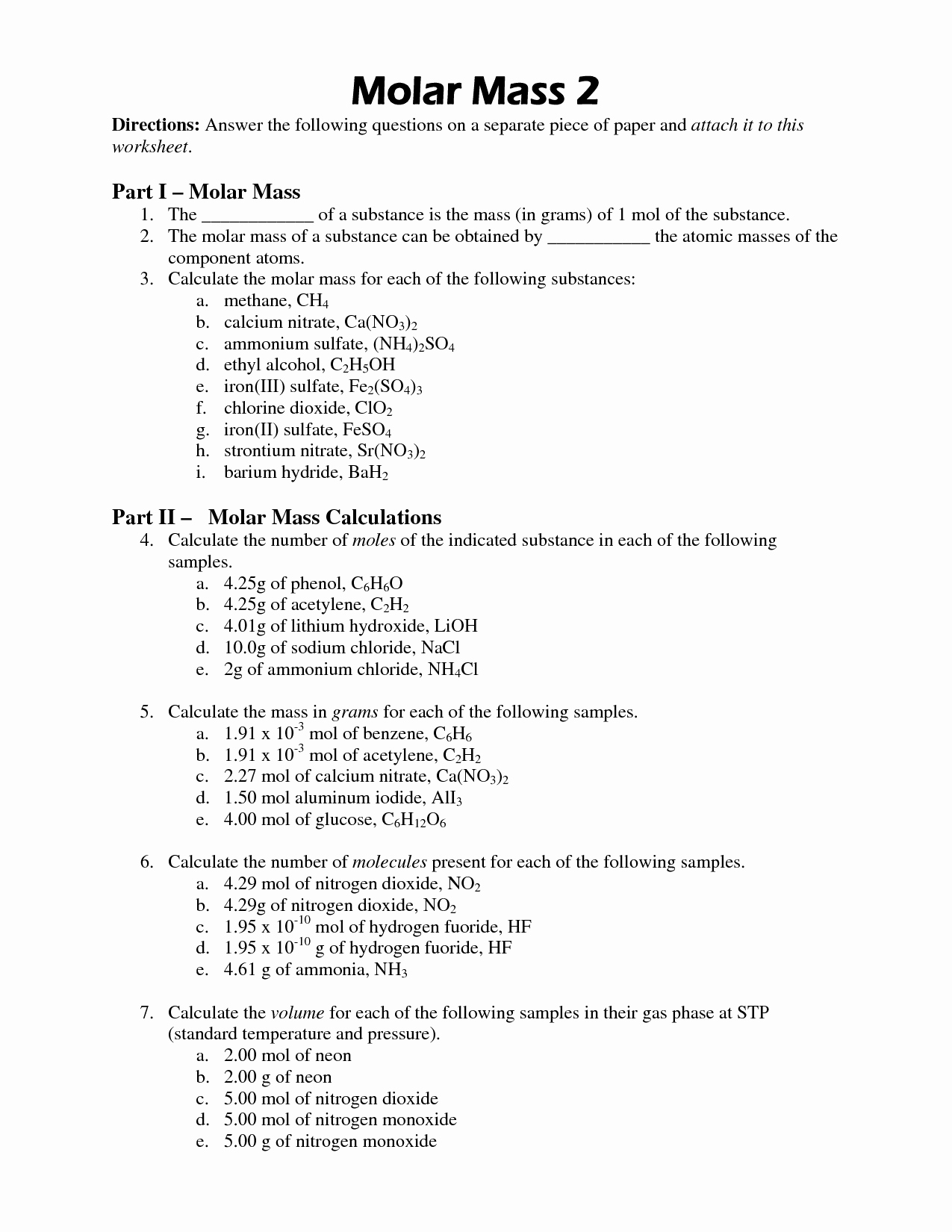 50 Molar Mass Worksheet Answer Key