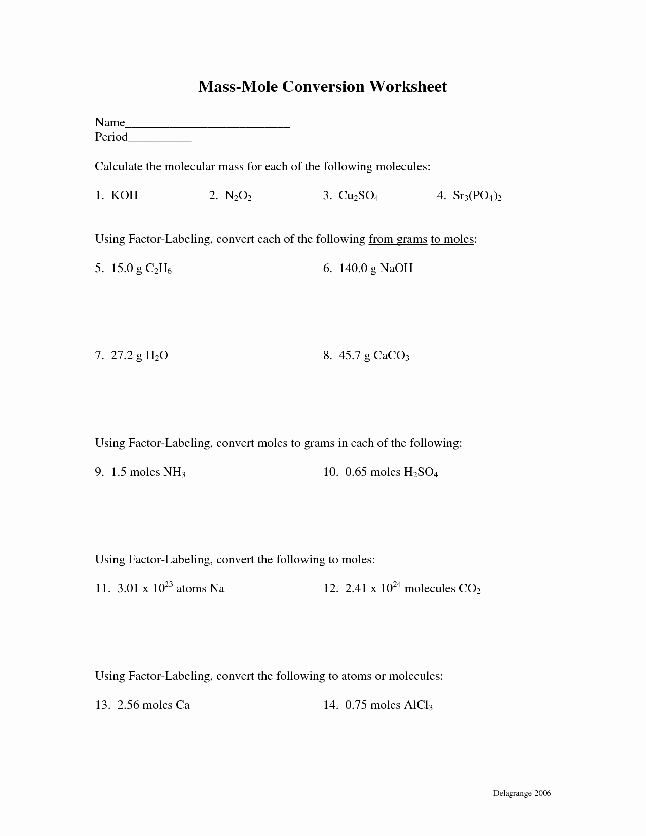 molar mass worksheet answer key