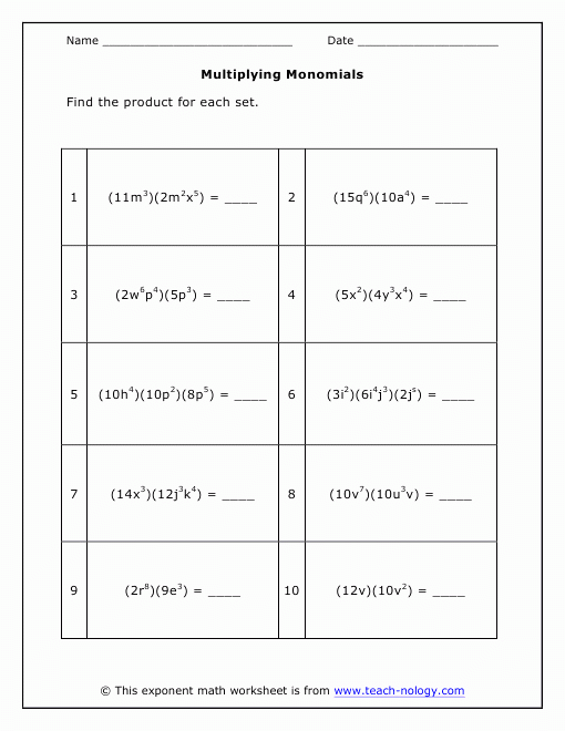 50 Multiplying Monomials Worksheet Answers