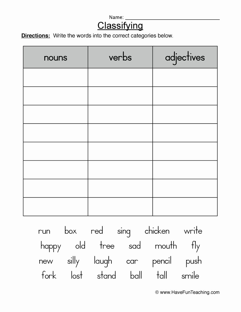 50 Nouns Verbs Adjectives Worksheet Chessmuseum Template Library