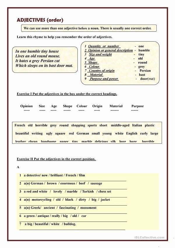 50 Order Of Adjectives Worksheet