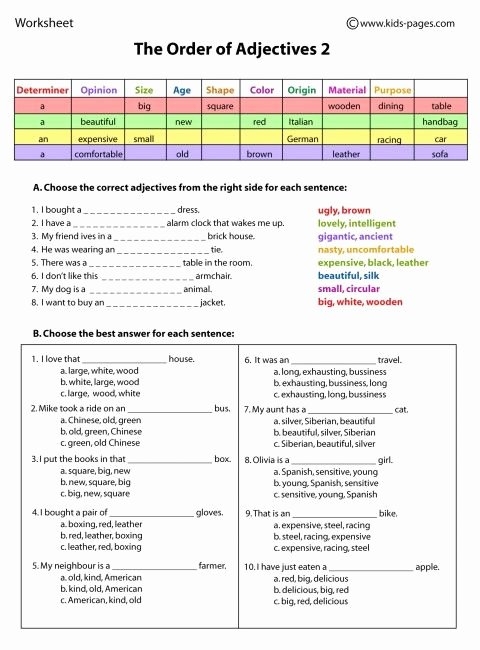 order of adjectives worksheet