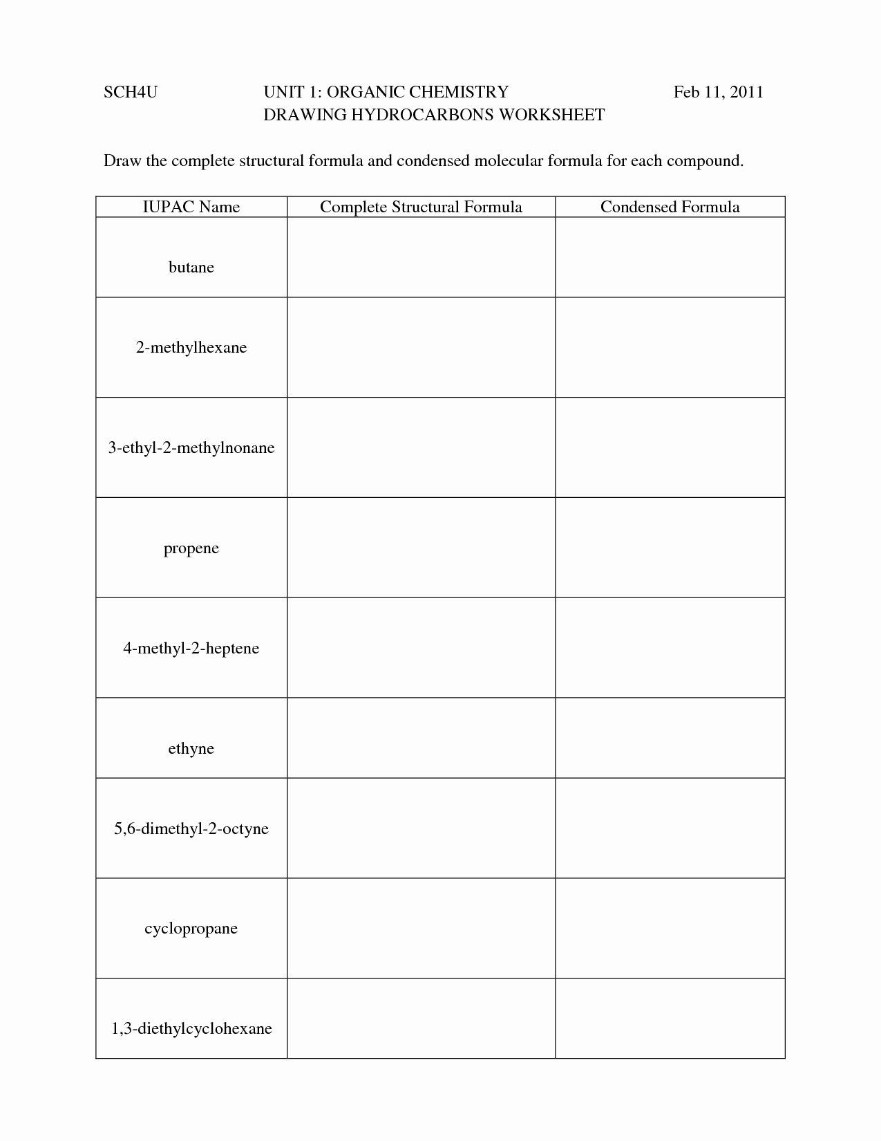 organic chemistry worksheet