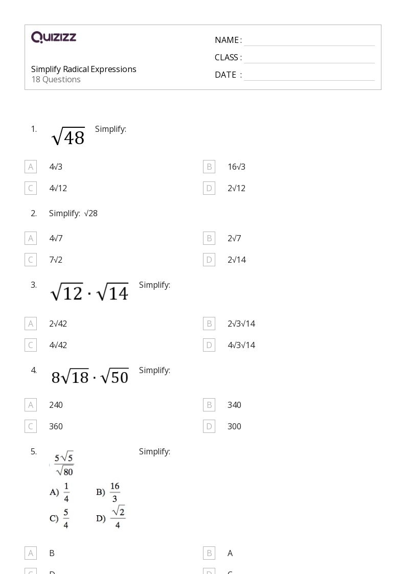 multiplying radicals worksheet