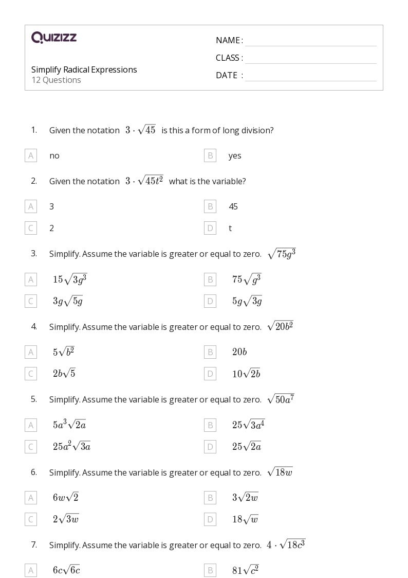 50 Radical Expressions Worksheets On Quizizz Free Printable 