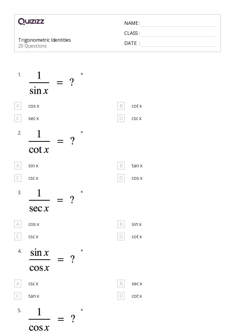 50 Trigonometric Ratios Sin Cos Tan Csc Sec And Cot Worksheets 