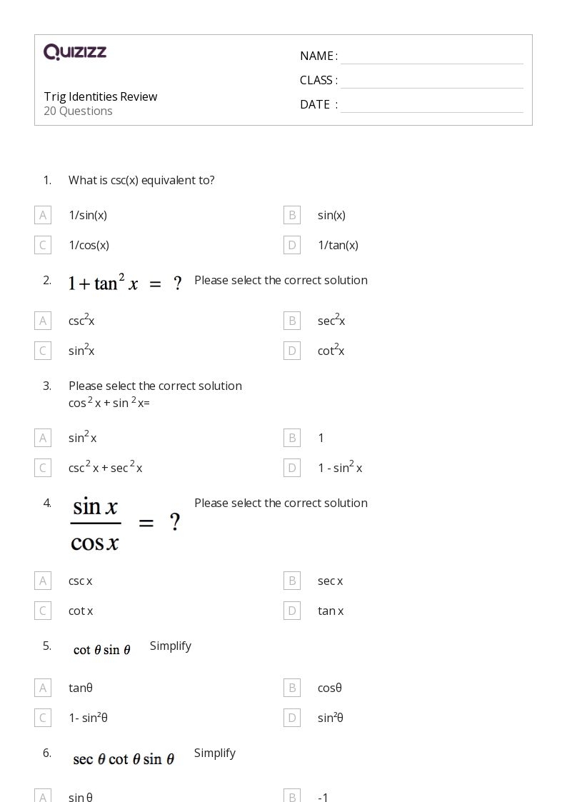 50 Trigonometric Ratios Sin Cos Tan Csc Sec And Cot Worksheets On 