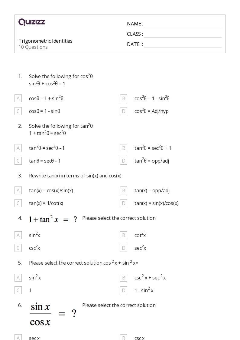 50 Trigonometric Ratios Sin Cos Tan Csc Sec And Cot Worksheets