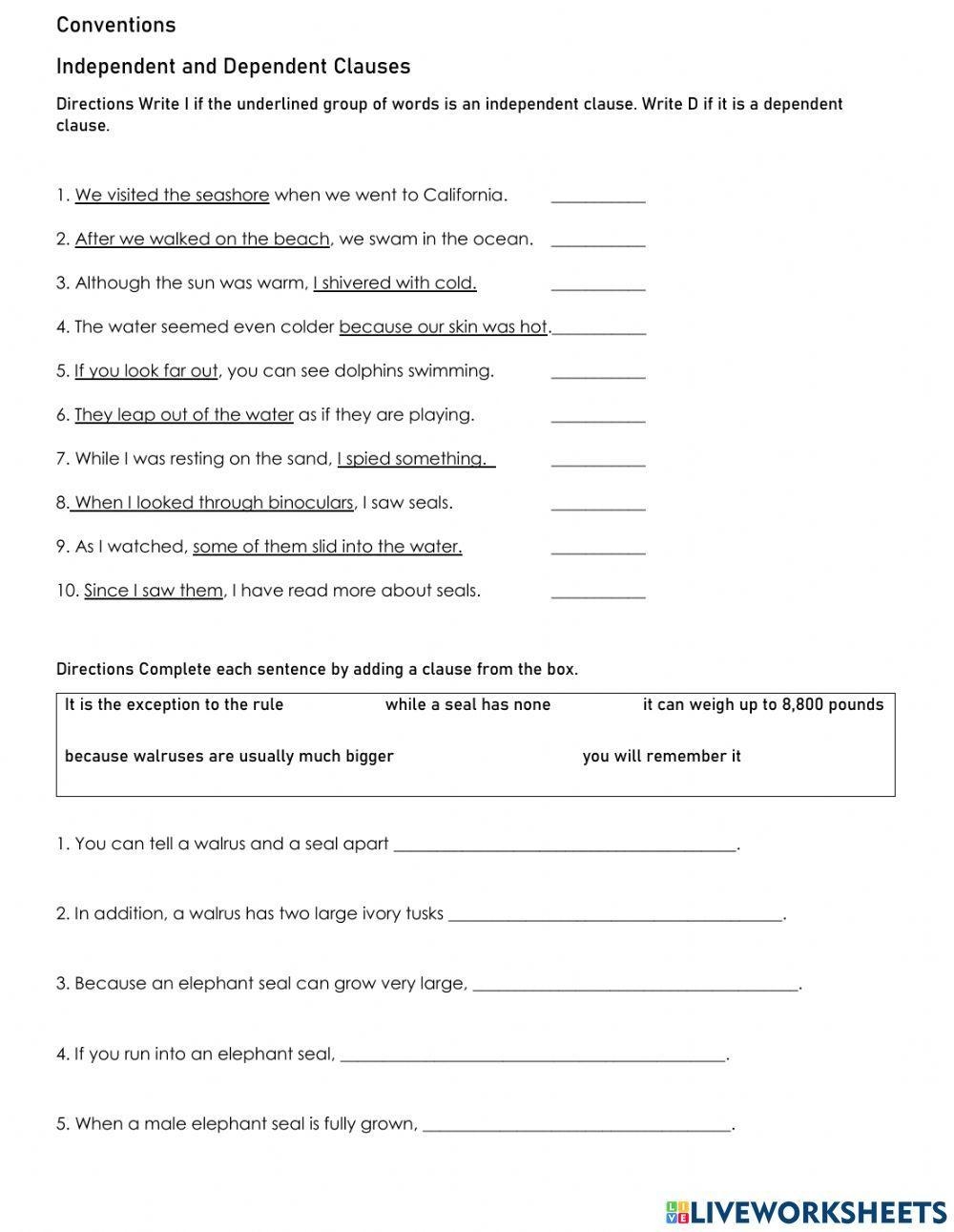 independent clause and dependent clause worksheet