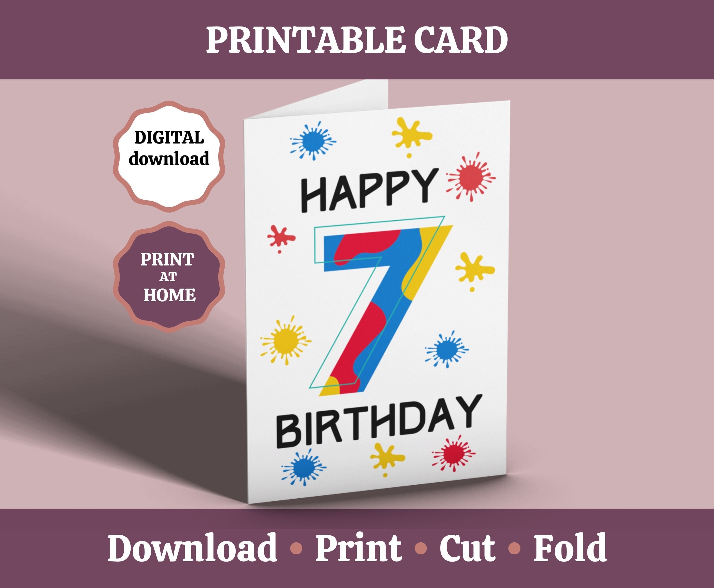 7th Birthday Card Printable Happy 7th Birthday Card 7 Year Old 