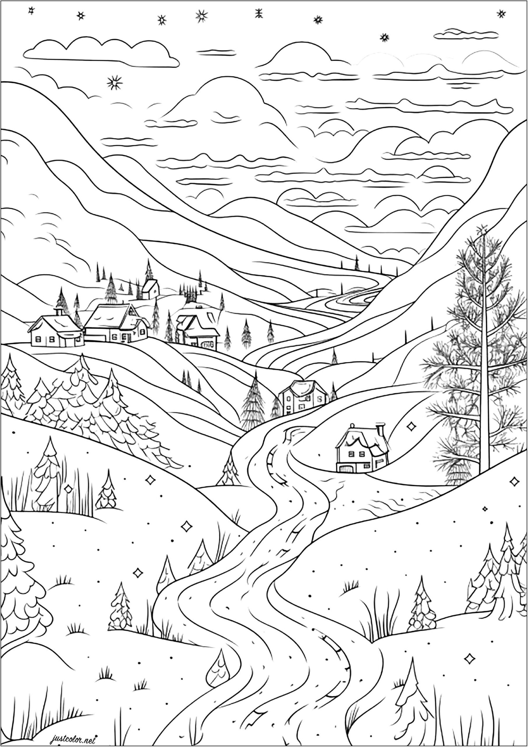 A Pretty Snow covered Mountain Village Landscapes Coloring Pages For 