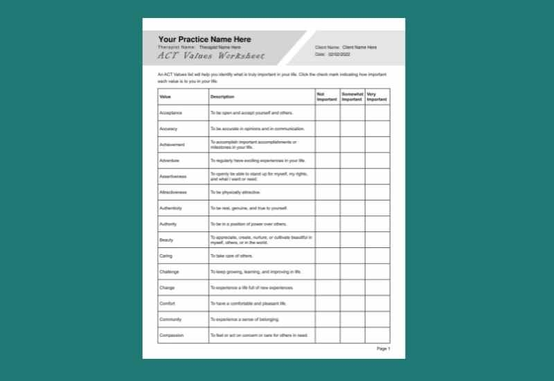 ACT Values Worksheet PDF Template Worksheets Library