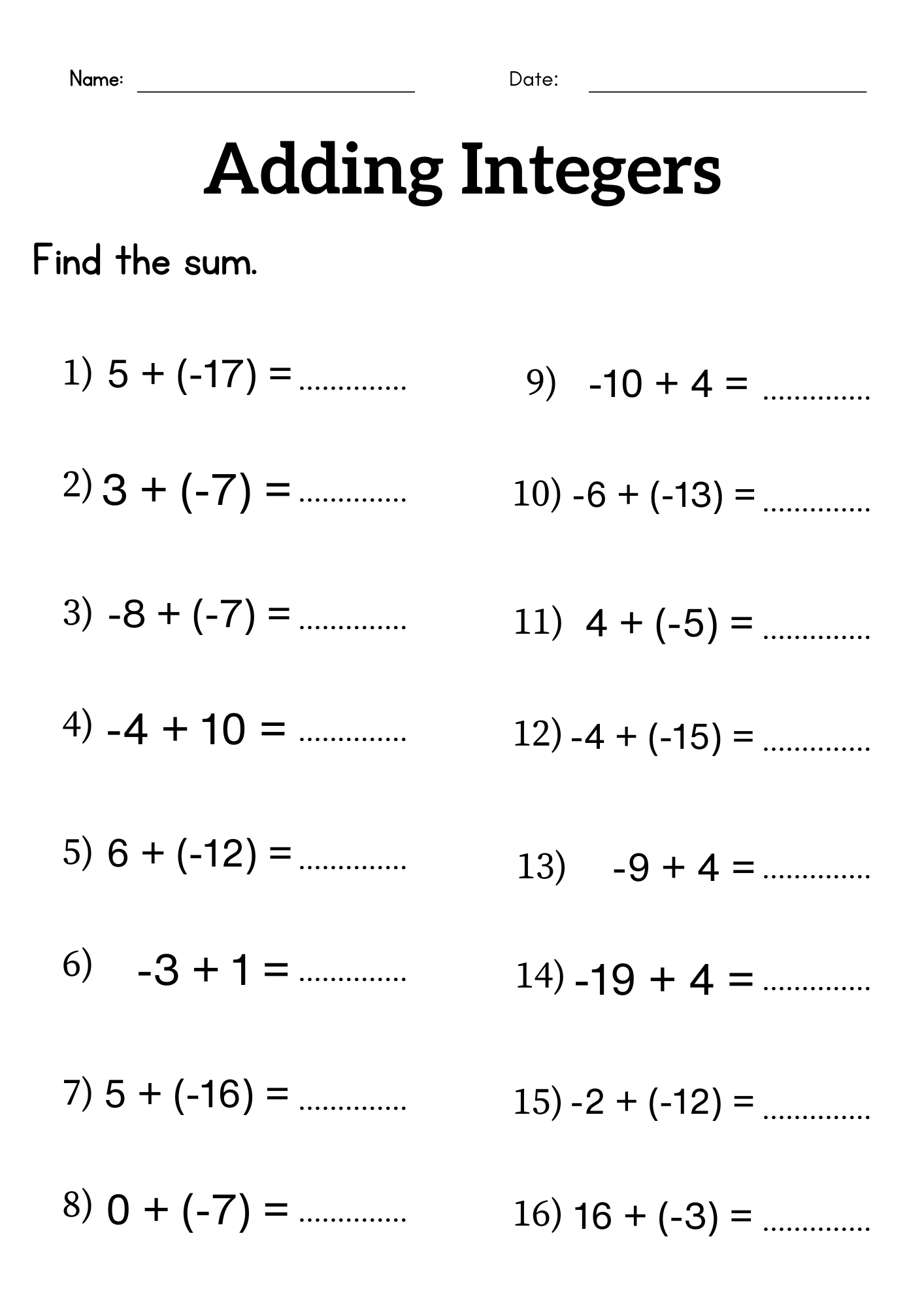 positive negative integers worksheet