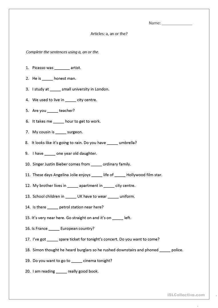 Articles Worksheet A An The Includes Answers Worksheet Free 