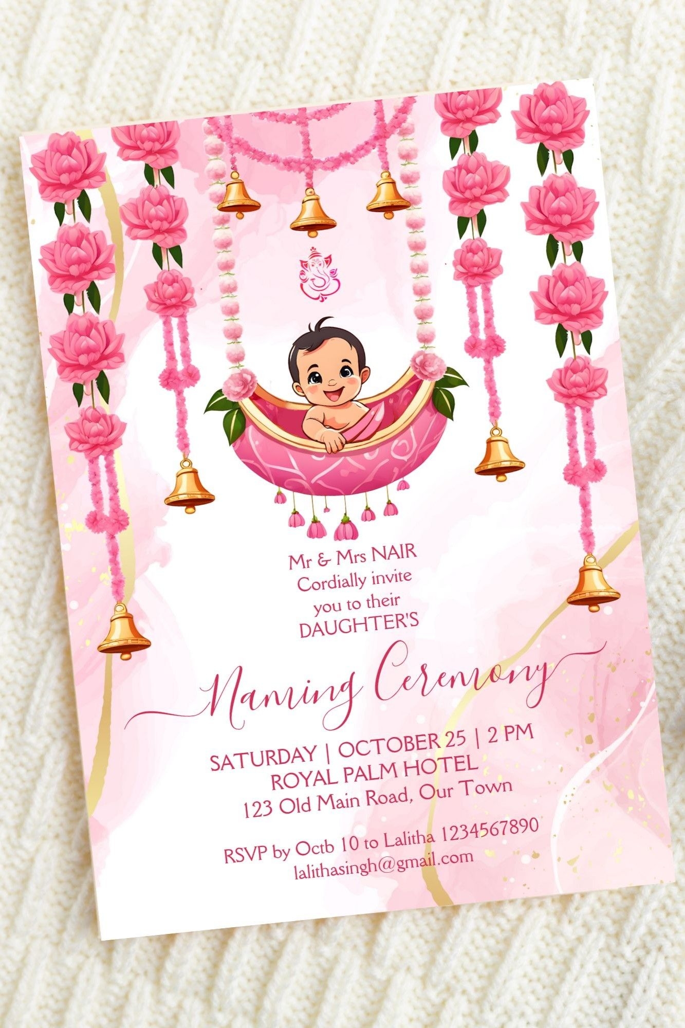 Baby Naming Cradle Indian Ceremony Pink Template Invitation Digital