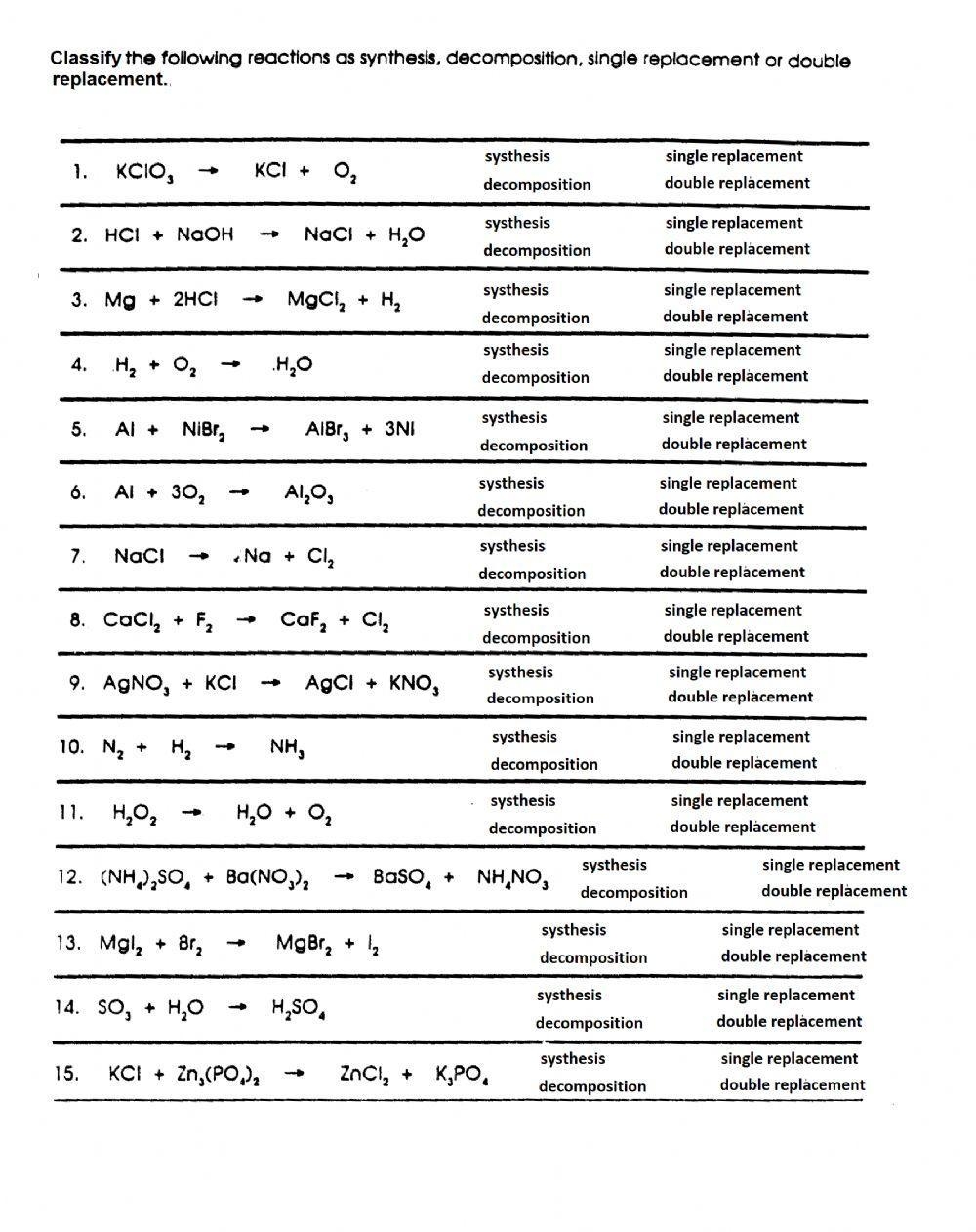 Balancing Equations And Identifying Reaction Types Worksheet For 