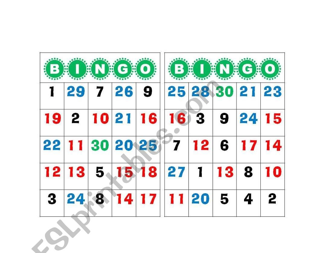Bingo Number 1 To 30 Esl Worksheetgabyca145 Printable Bingo Cards