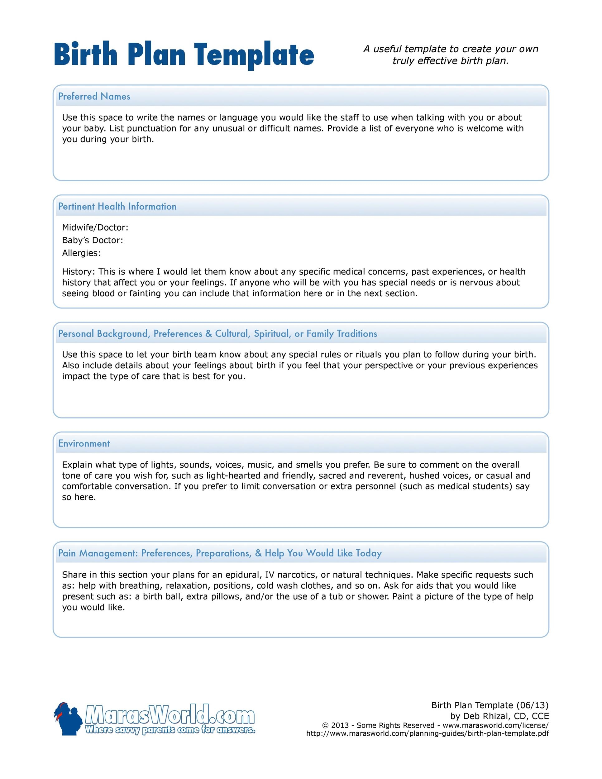 printable birth plan template free pdf