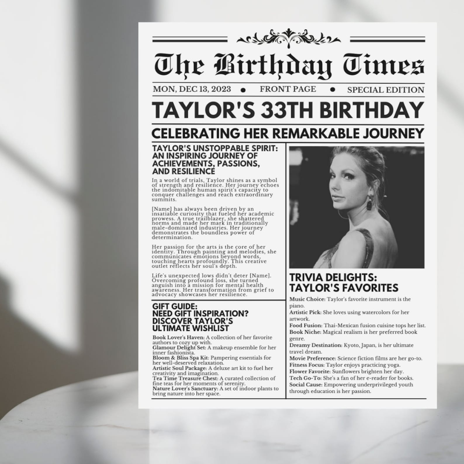 Birthday Newspaper Template Newspaper Customizable Poster Sign 