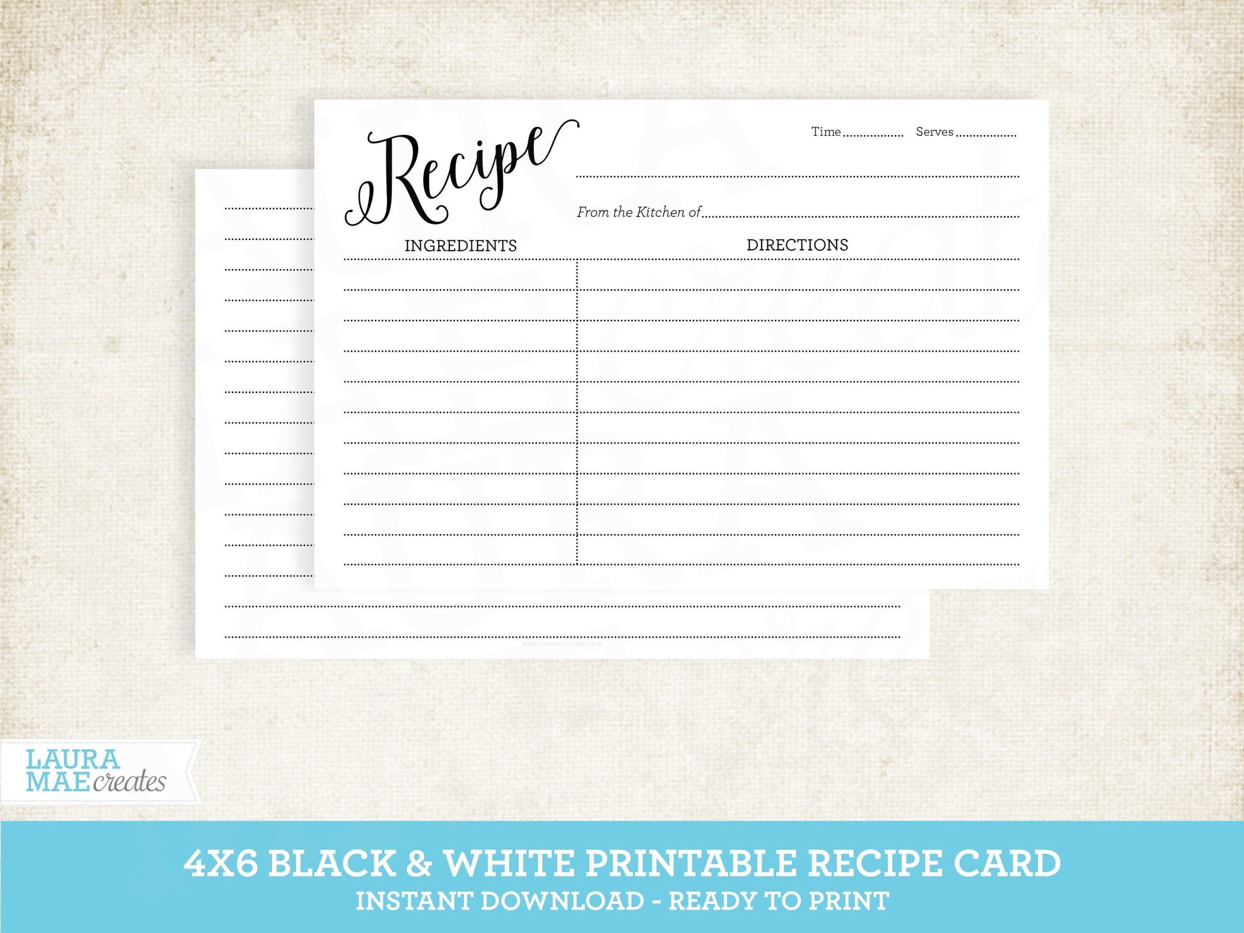 Black White 4x6 Printable Recipe Card Editable Recipe Card FREE 