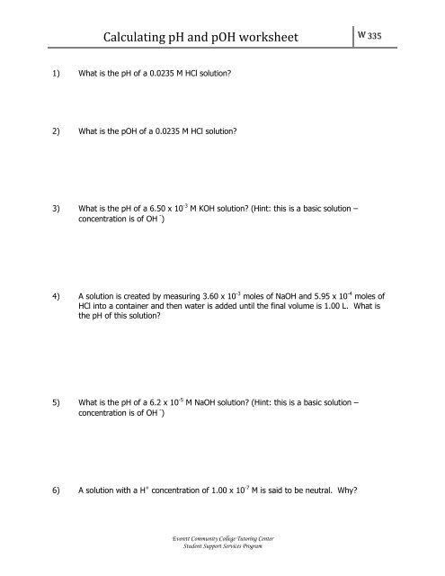 Calculating PH And POH Worksheet Everett Community College