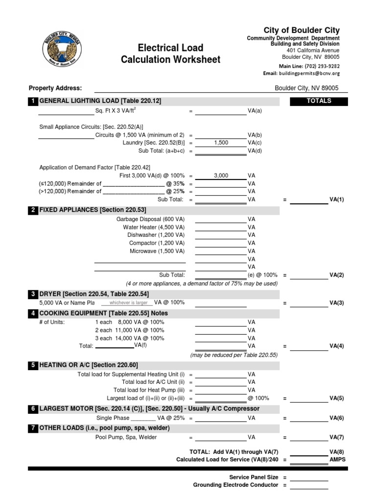 Calculation Worksheet Electrical Load City Of Boulder City PDF 
