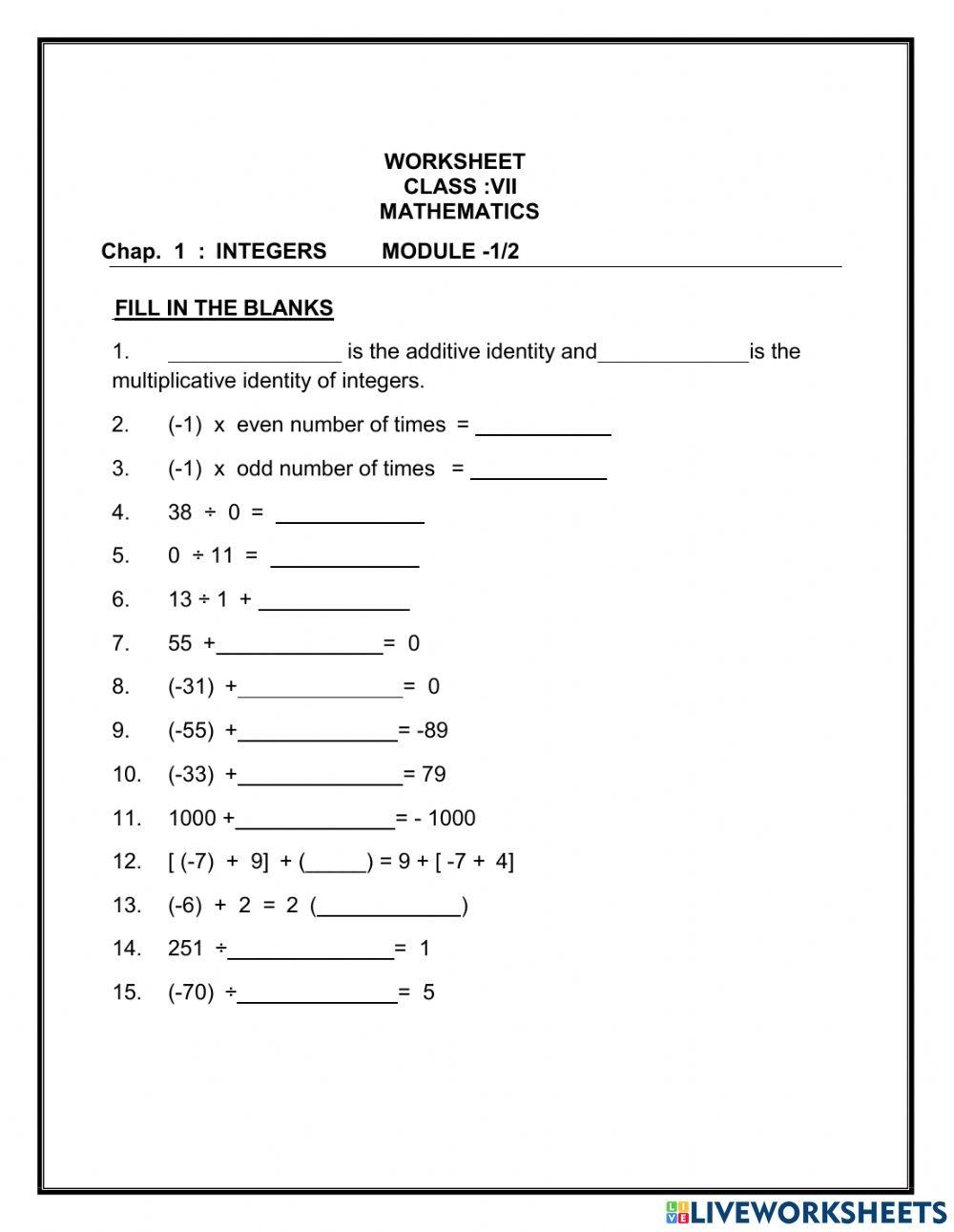 CBSE Class 7 Maths Worksheet Integers PDF Nature Worksheets Library