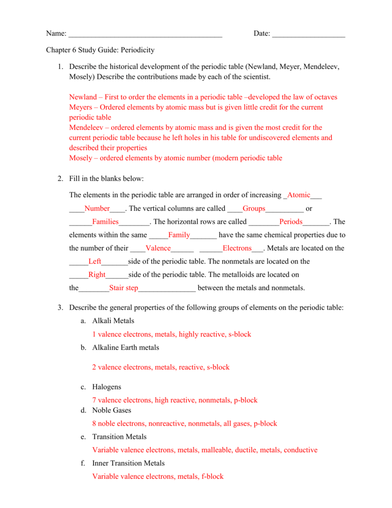 Chapter 6 The Periodic Table Worksheets Answers