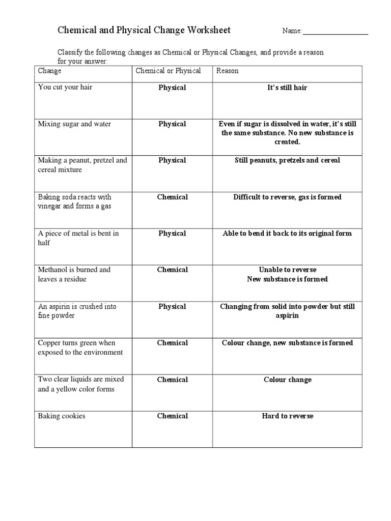 Chemical And Physical Change Worksheet Answers PDF Worksheets Library